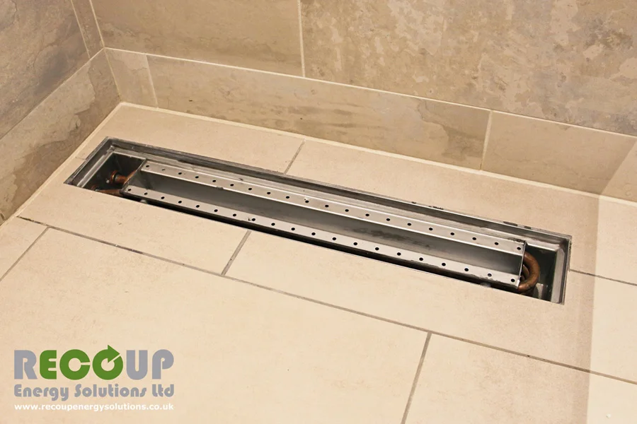 Recoup WWHRS Drain+ Compact wet room installation, stainless steel cover removed