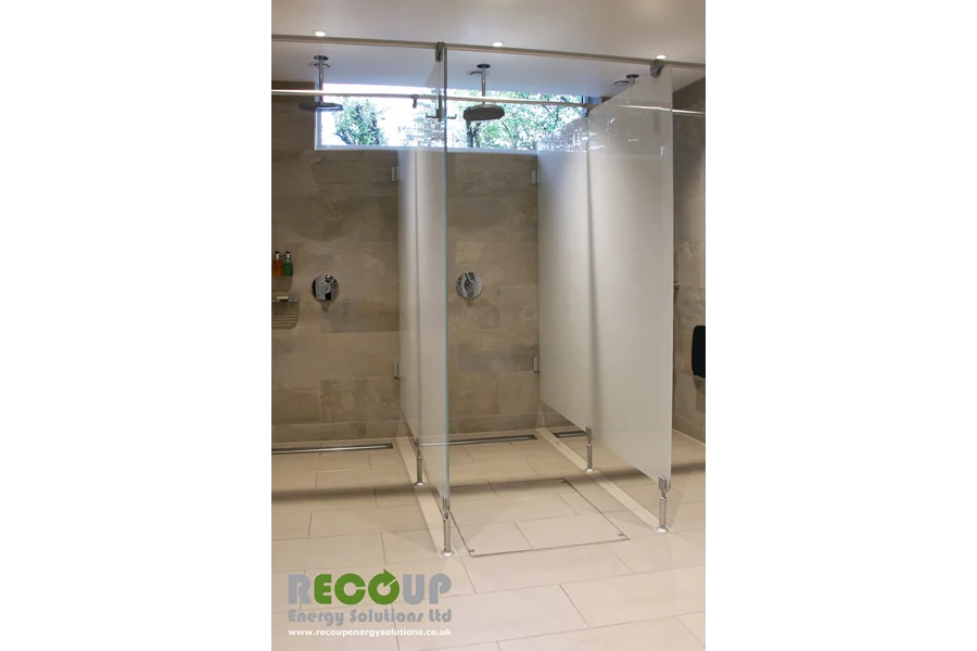 Recoup WWHRS Drain+ Compact wet room installation three units with glass screens