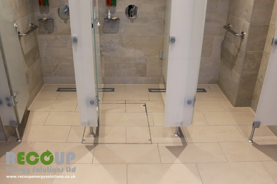 Recoup WWHRS Drain+ Compact wet room installation two units with glass screens