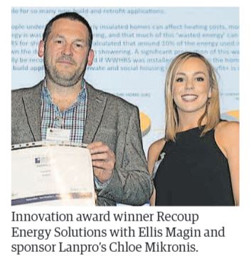 2018 Norfolk Constructing Excellence Innovation award winner Recoup WWHRS. Ellis Maginn Recives awards from LanPro's Chloe Mikronis