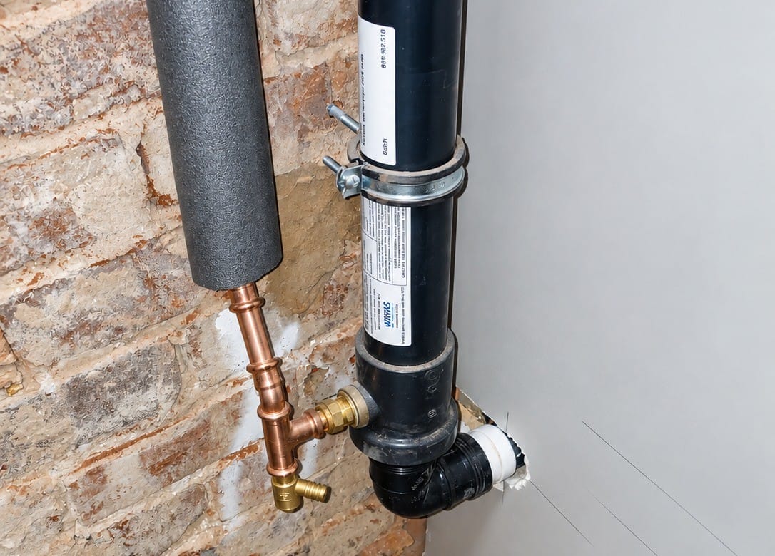 goldthorns-wwhrs-pipe-hex-installation Recoup WWHRS unit installed within the existing building fabric at Goldthorns.